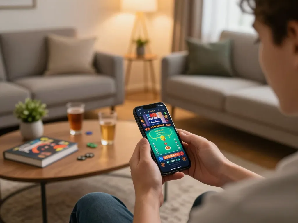 Engaging mobile gaming experience with sunwingo on a smartphone in a cozy modern setting.