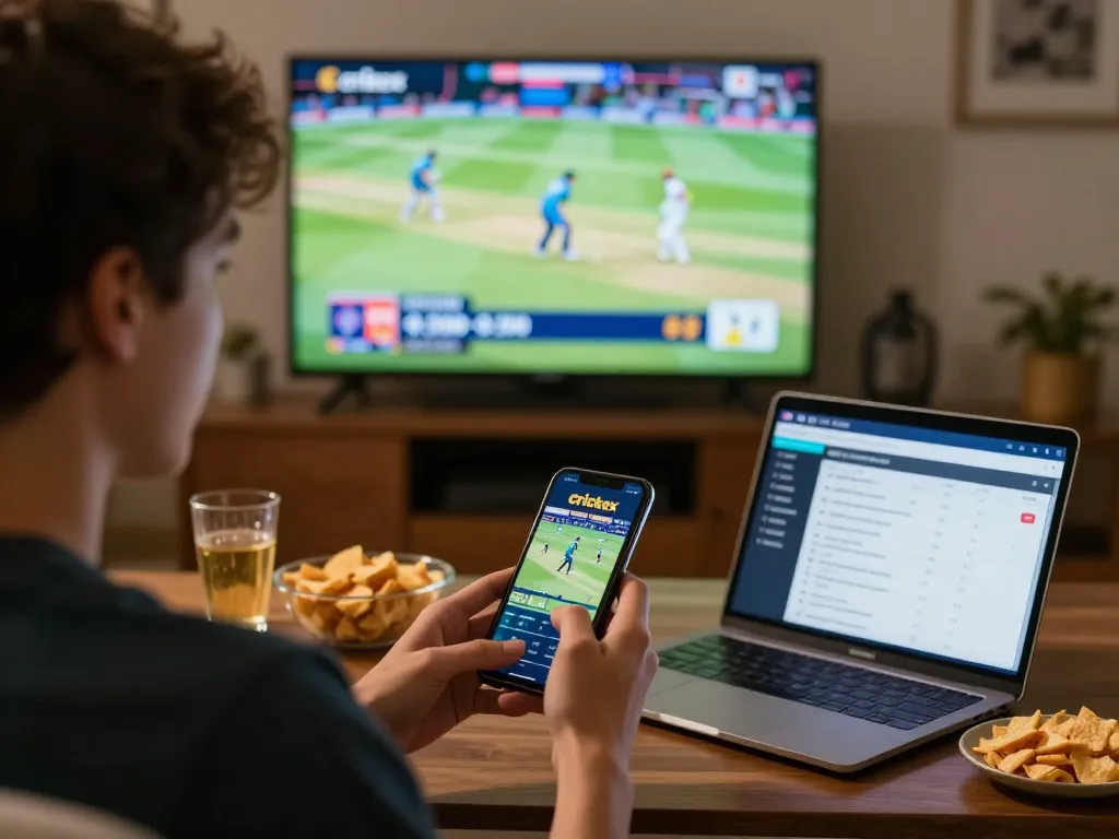 Person using Crickex for sports betting while watching live cricket match, creating an immersive gaming experience.