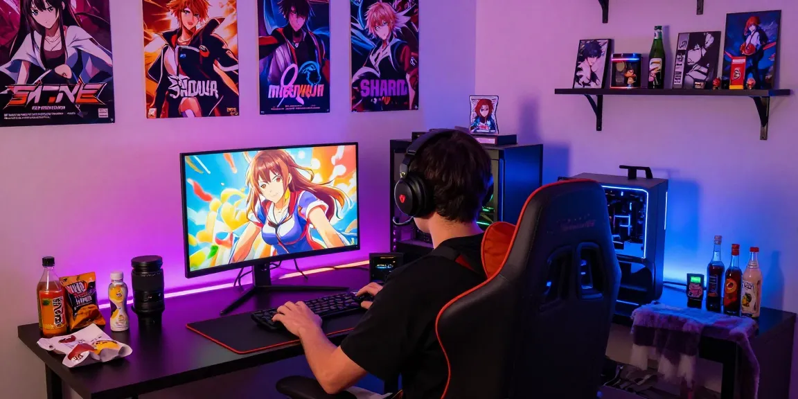Player immersed in a hentai game setup showcasing vibrant visuals and cozy atmosphere.