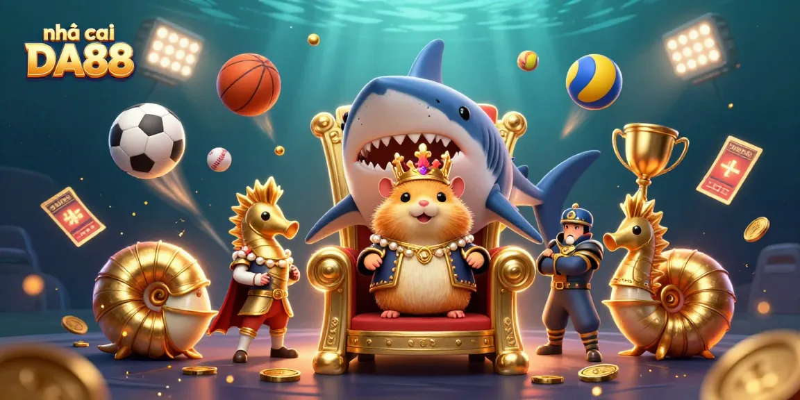 Engage with nhà cái DA88 featuring a fierce hamster king on a megalodon throne amidst sports betting excitement and dynamic elements.